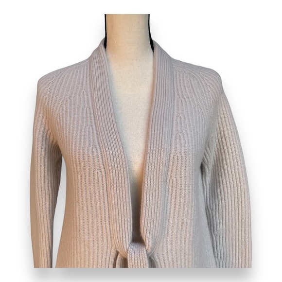 Vince Wool Cashmere Ribbed Longline Tie Front Cardigan Sweater Oatmeal Beige M - Picture 2 of 6